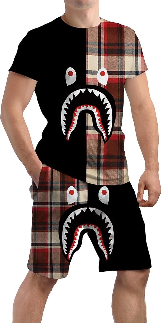 bape shark 短裤和迷彩 t 恤套装 2 件中性速干游泳裤套装男女青少年,